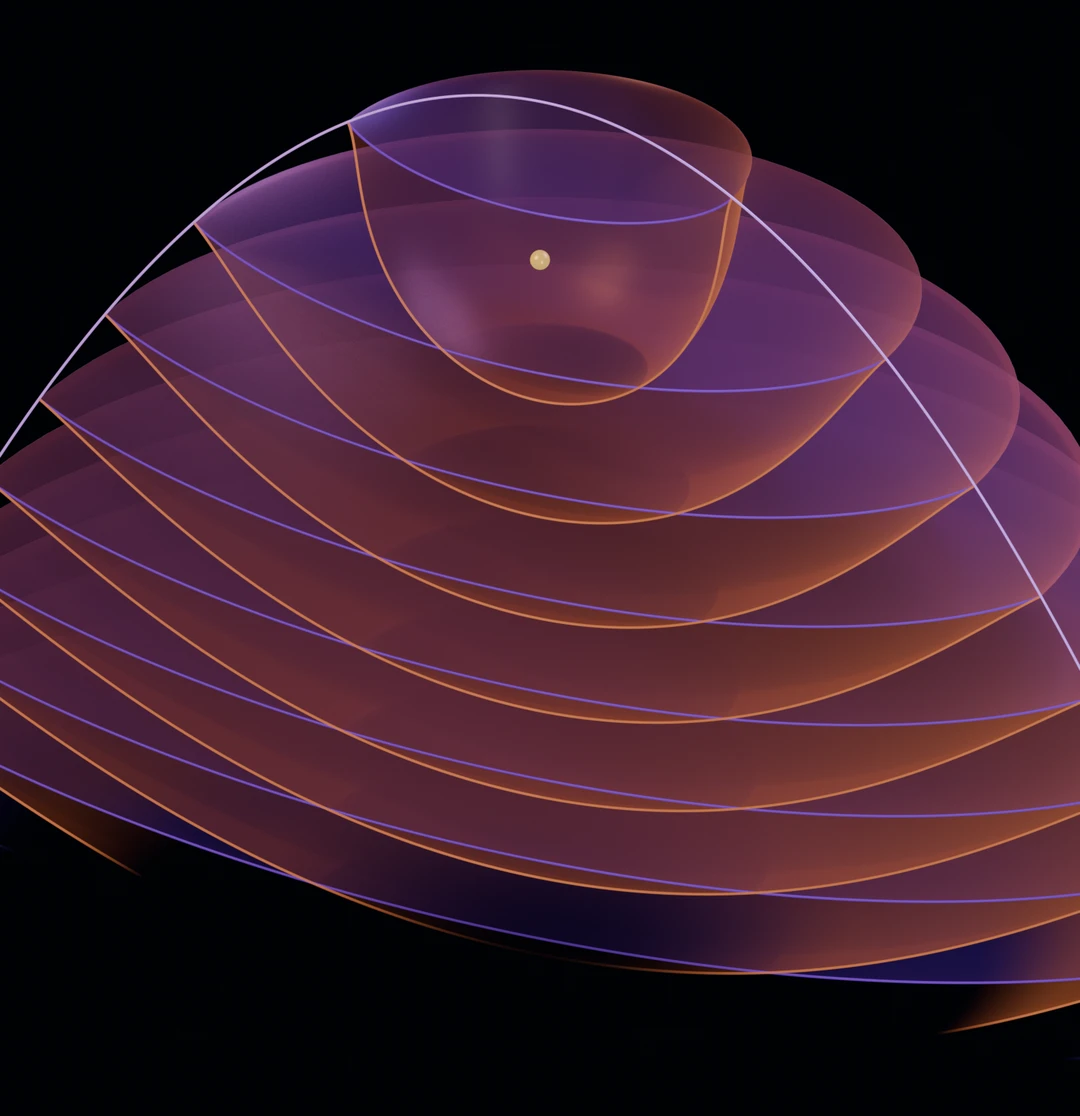 A family of constant-gravity action fronts folding at their caustic.