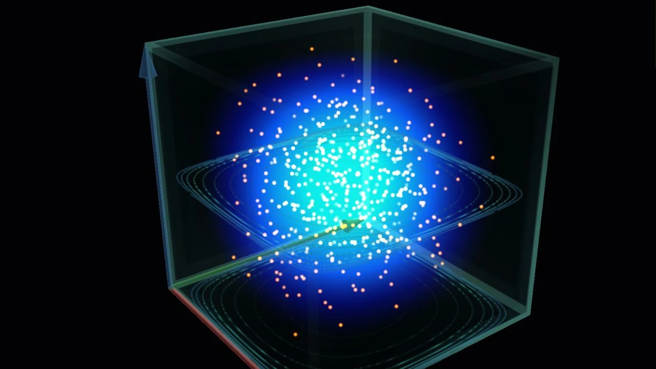 Glowing Bohmian particles fill a blue probability cloud inside a transparent three-dimensional box.