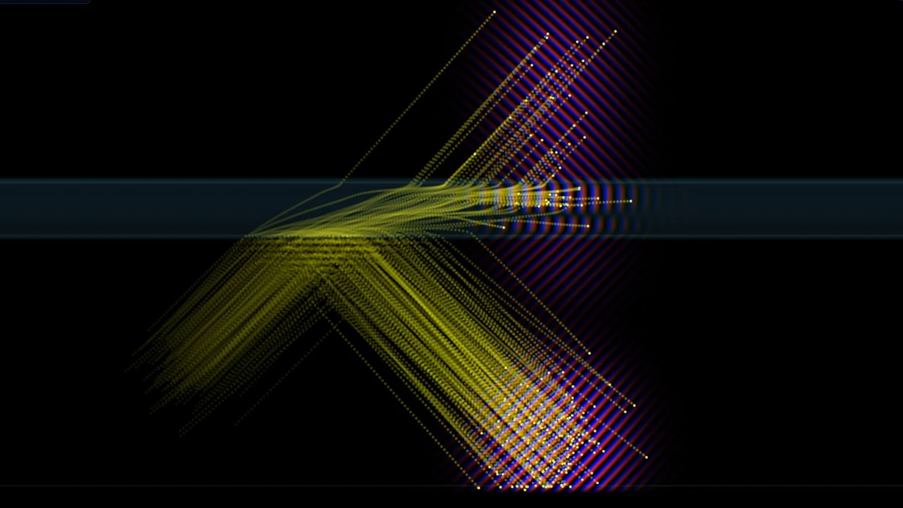 A wave packet separates into reflected and transmitted waves at a barrier, with yellow Bohmian particle trails.