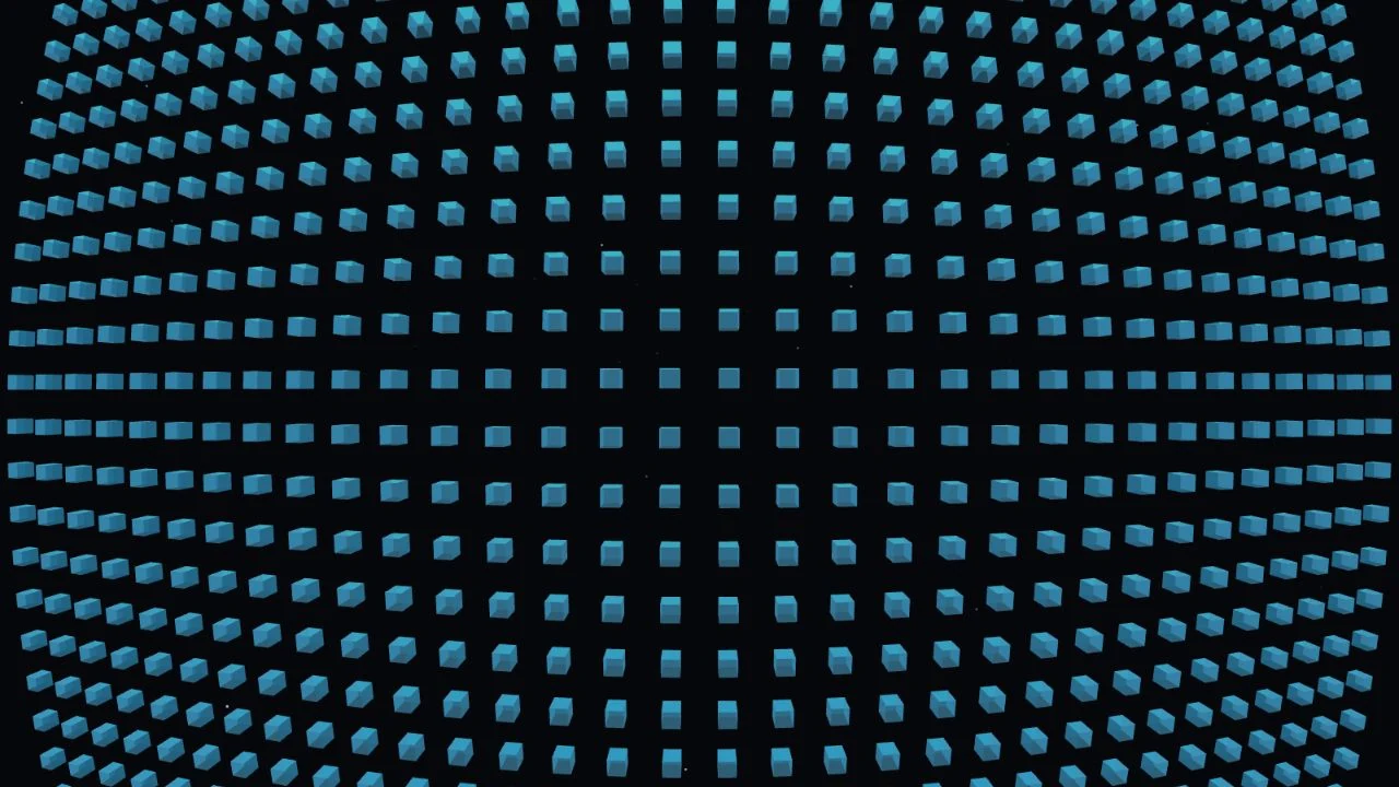 A grid of blue cubes appears curved and rotated in the relativistic observer's view.