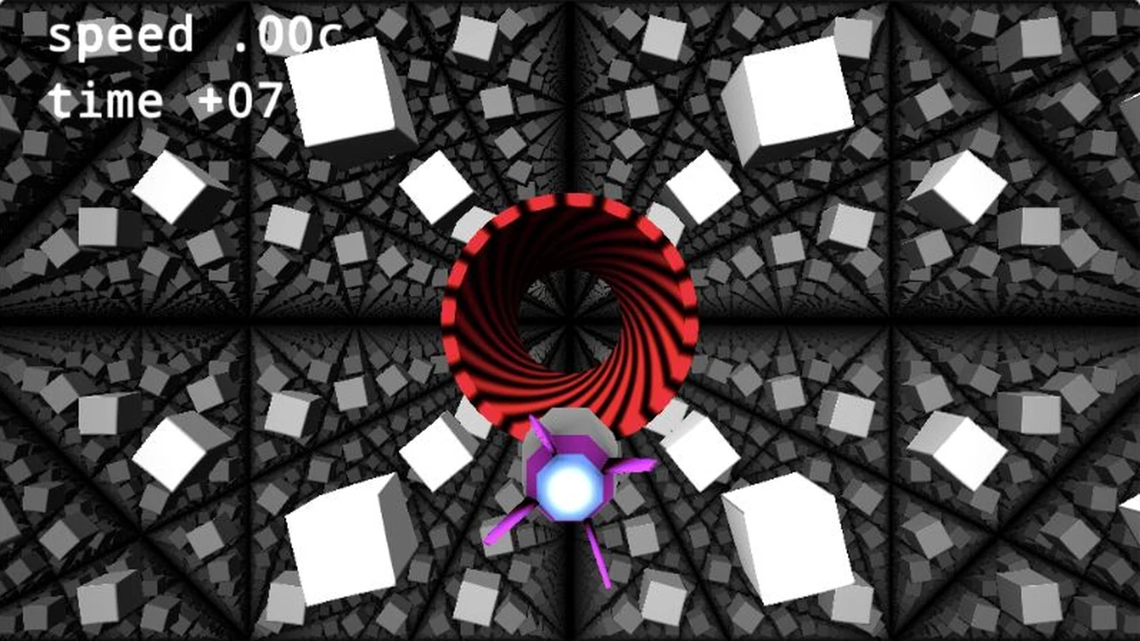 A violet rocket faces a red ring within a three-dimensional lattice of white cubes.