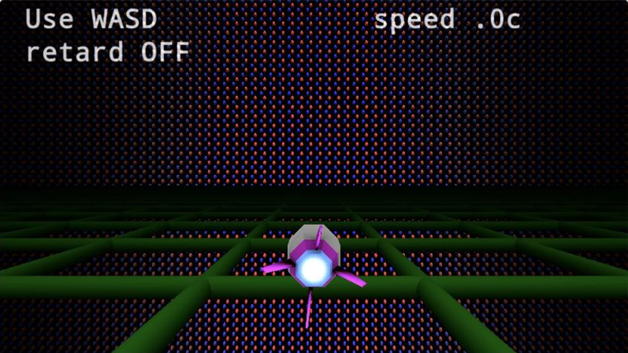 A violet rocket hovers over a green grid in front of a sheet of red and blue charges.