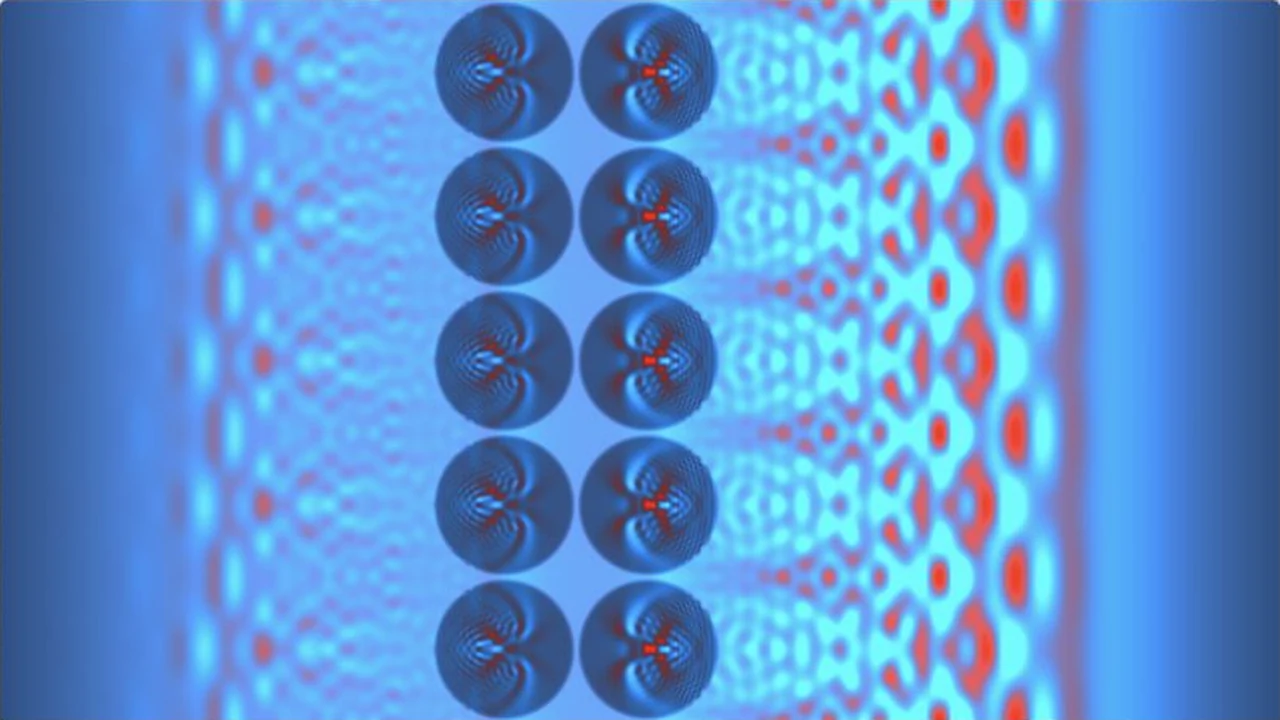 Cyan and red wave patterns scatter through two columns of circular refractive regions.