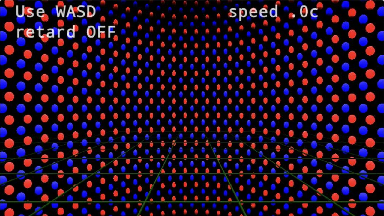 Rows of red and blue charges form a cylindrical array above a green reference grid.
