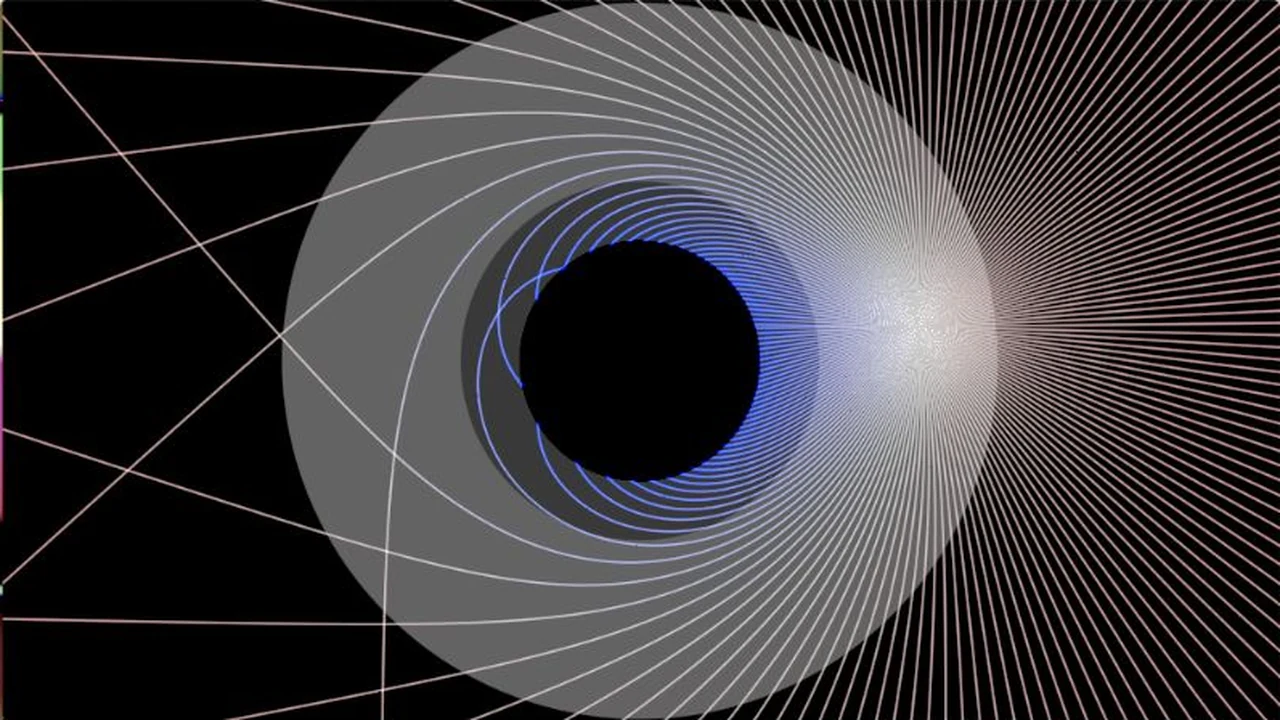 A fan of pale light rays bends around a central black hole, with blue paths close to the hole.