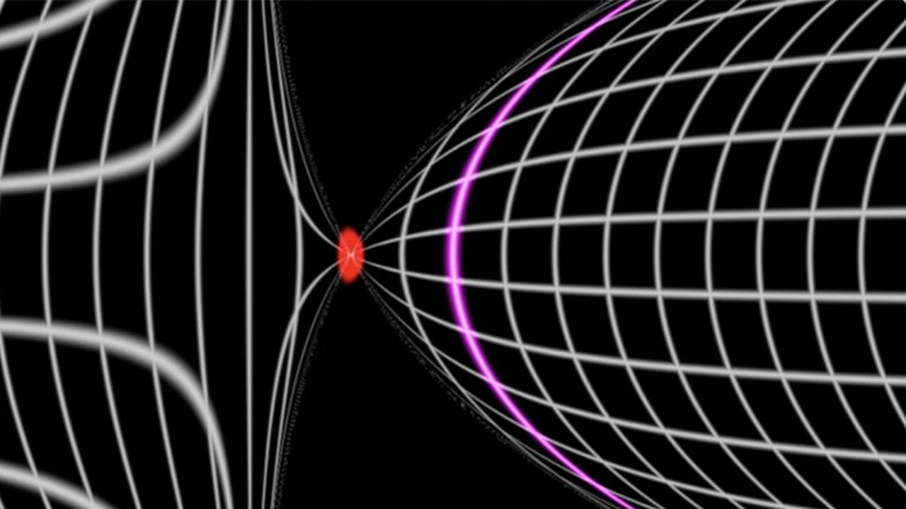A white spacetime grid curves around a red point beside a magenta worldline.