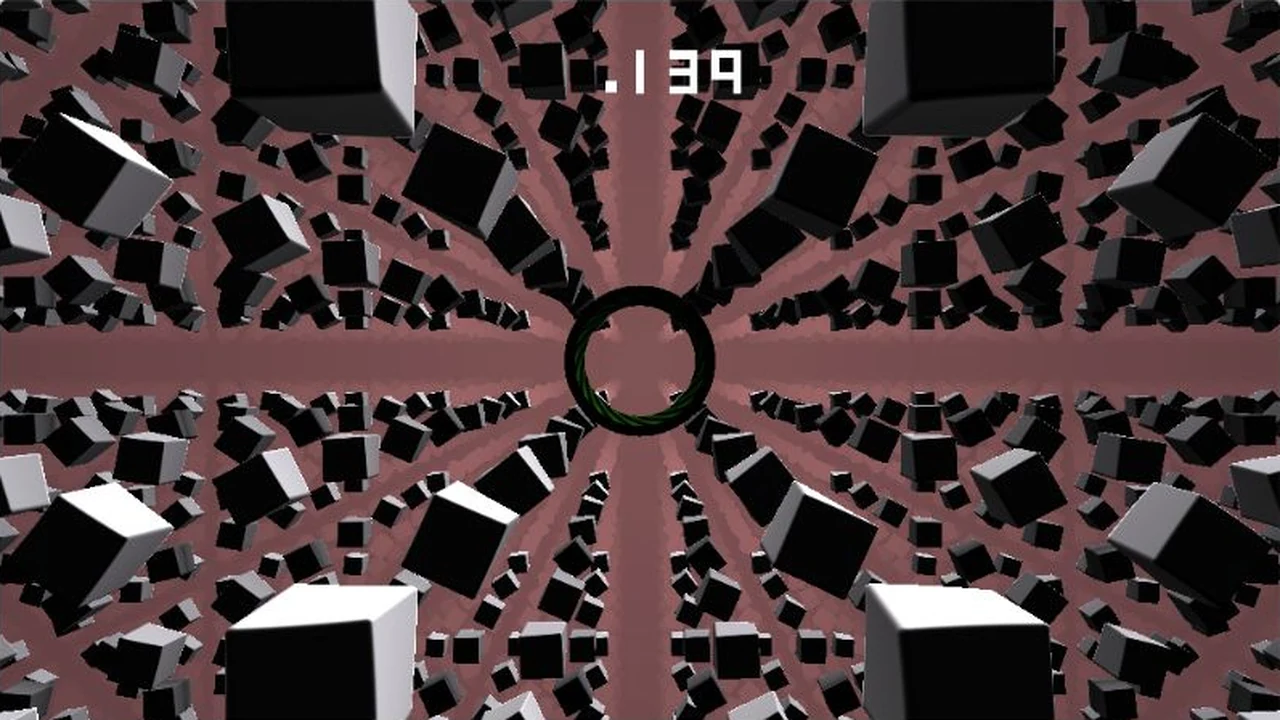 Rows of black and white cubes converge around a central ring against a red-tinted horizon.