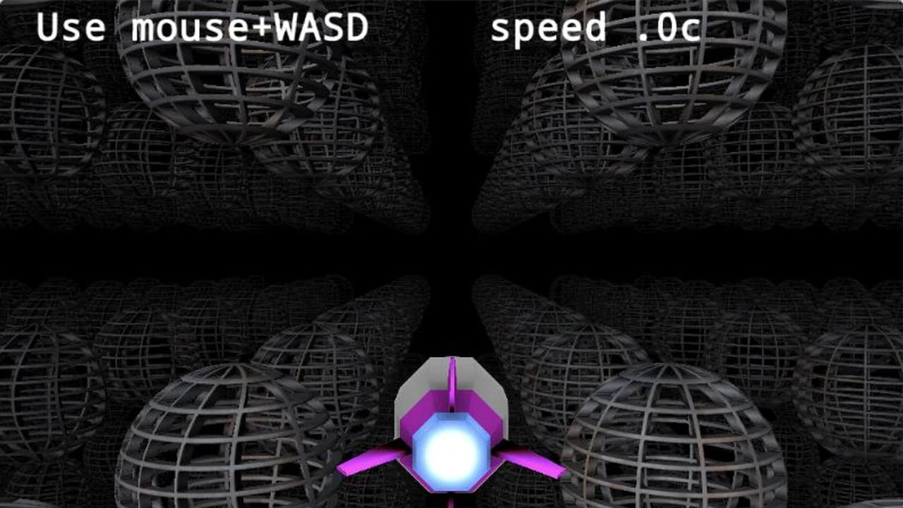 A violet rocket travels among rows of gray wireframe spheres.