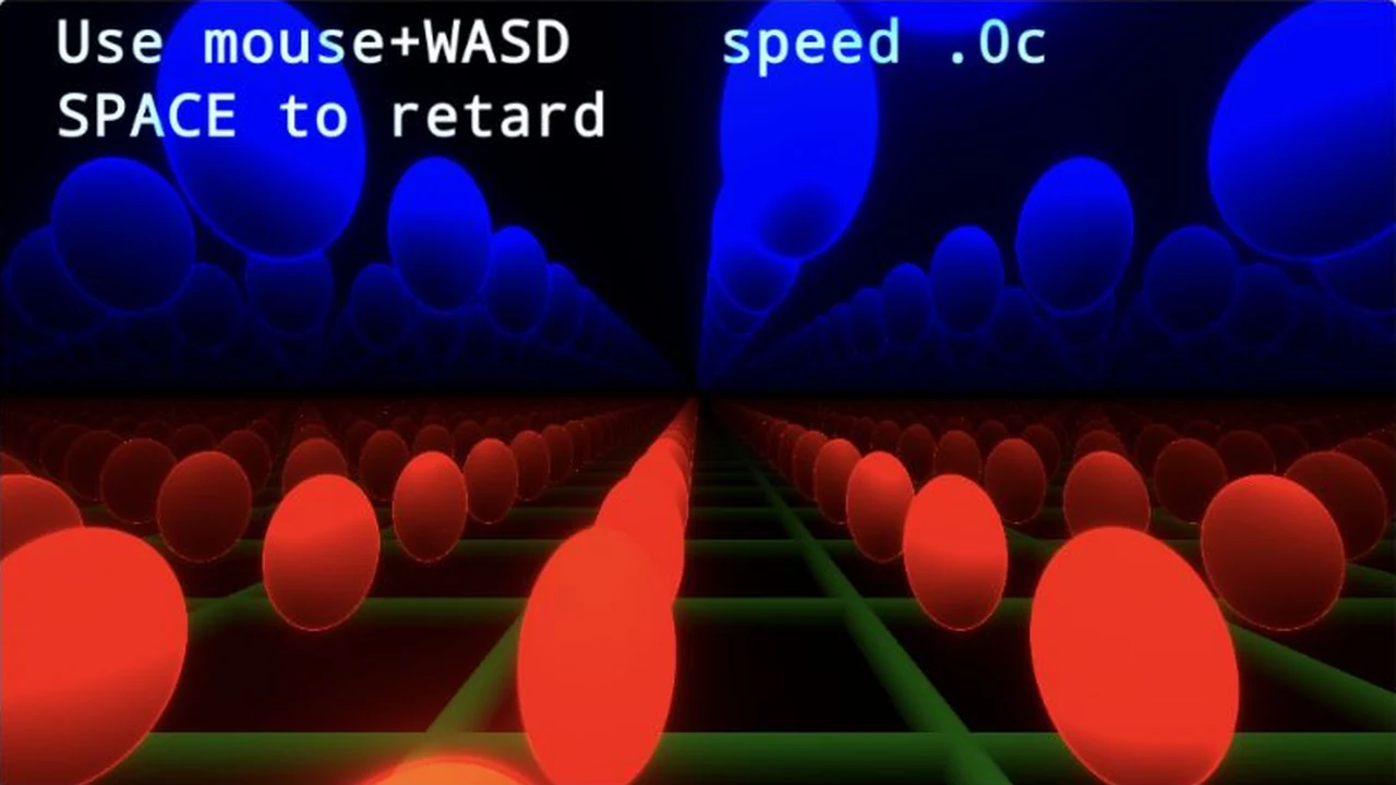 Blue charges above and red charges below stretch into the distance over a green grid.