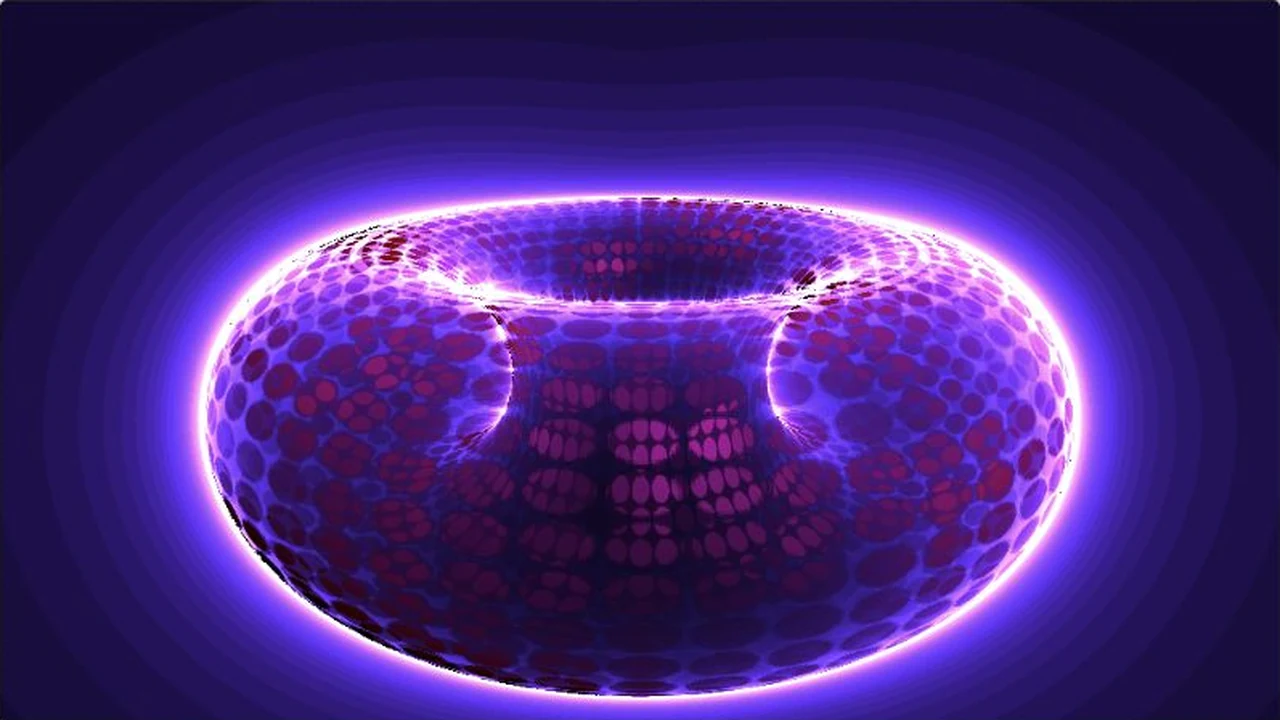 Glowing purple cells cover a transparent torus with a bright violet rim.