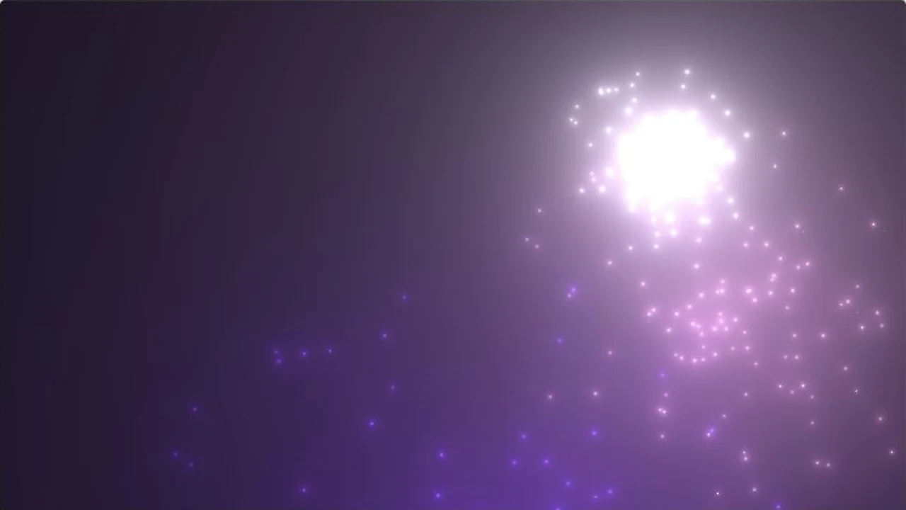 A bright violet firework bursts above scattered pink and purple sparks.